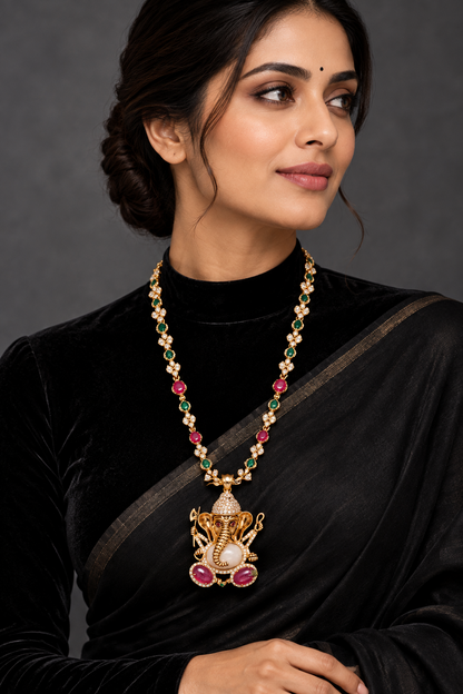 Bollywood Jewelry,Pure Silver Jewellery,Navaratan Ganesh Pendent,Big Indian studs,Indian Bridal,Indian Wedding Jewelry-NIHIRA-SHABURIS