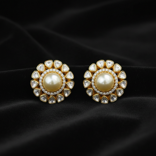 Polki Studs Polki Earrings Cocktail Earrings Diamond Studs Diamond Earrings Simple Studs Pearl Studs 925 Silver Earrings Silver Jewelry - SHABURIS