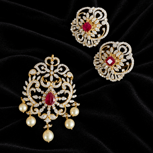 Diamond Pendant indian,South Indian jewelry,Pure silver diamond pendent,swarovski Pendent,Indian Wedding Jewelry -NIHIRA-SHABURIS