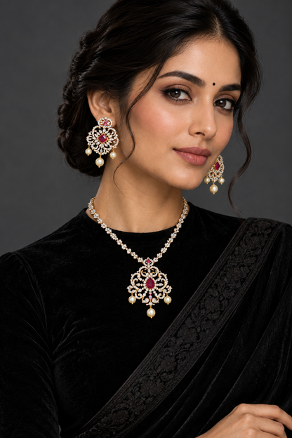 Diamond Pendant indian,South Indian jewelry,Pure silver diamond pendent,swarovski Pendent,Indian Wedding Jewelry -NIHIRA-SHABURIS