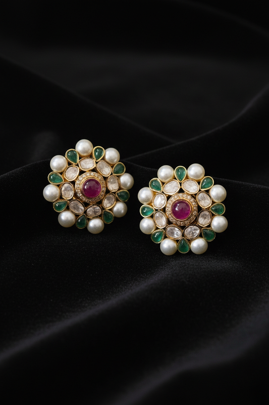 Polki Studs Polki Earrings Cocktail Earrings Diamond Studs Diamond Earrings Simple Studs Pearl Studs 925 Silver Earrings Silver Jewelry - SHABURIS