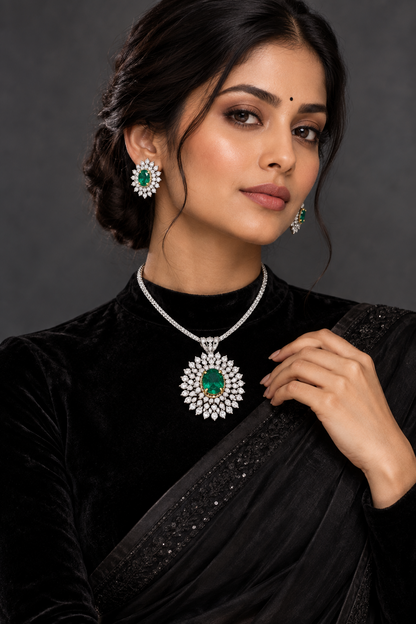 Diamond Pendant indian,South Indian jewelry,Pure silver diamond pendent,swarovski Pendent,Indian Wedding Jewelry -NIHIRA-SHABURIS