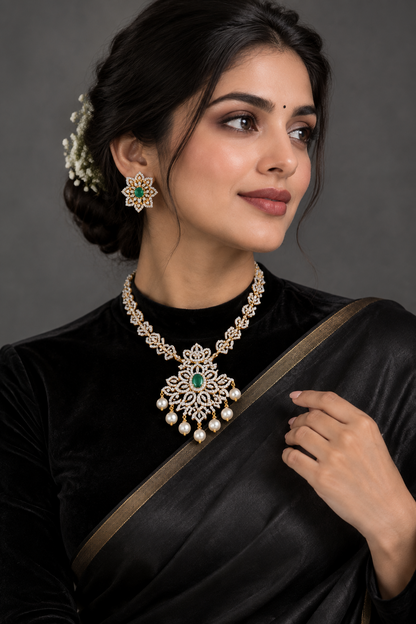 Diamond Pendant indian,South Indian jewelry,Pure silver diamond pendent,swarovski Pendent,Indian Wedding Jewelry -NIHIRA-SHABURIS