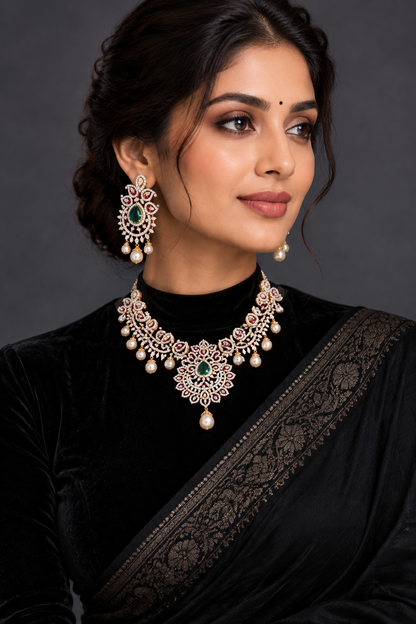 Diamond Pendant indian,South Indian jewelry,Pure silver diamond pendent,swarovski Pendent,Indian Wedding Jewelry -NIHIRA-SHABURIS