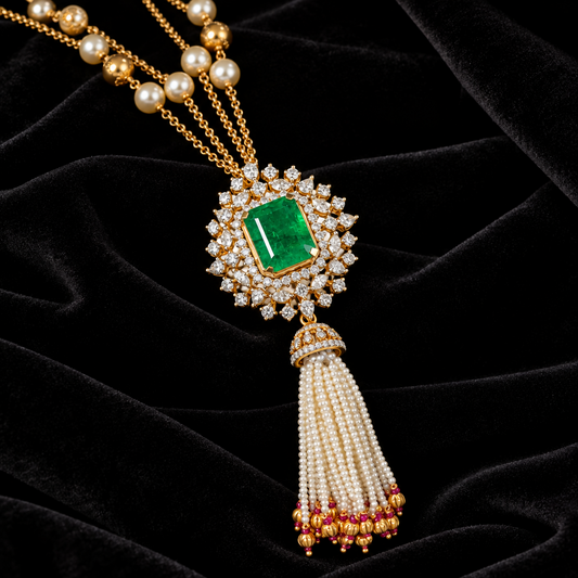 Tassel pendant,swarovski chain,sabyasachi jewelry inspired Traditional indian Jewelery,Polki haram,Pure silver jewelry-NIHIRA