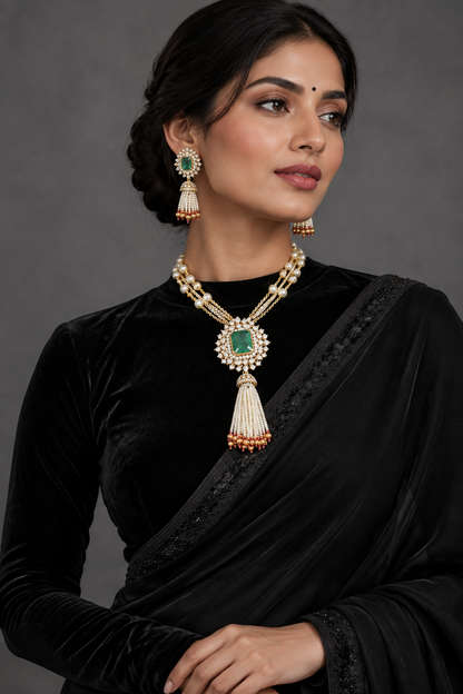 Tassel pendant,swarovski chain,sabyasachi jewelry inspired Traditional indian Jewelery,Polki haram,Pure silver jewelry-NIHIRA