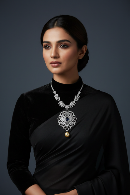 Diamond pendent Pure Silver jewelry Indian ,diamond Necklace,Indian Necklace,swarovski diamond pendent,diamond set-NIHIRA-SHABURIS