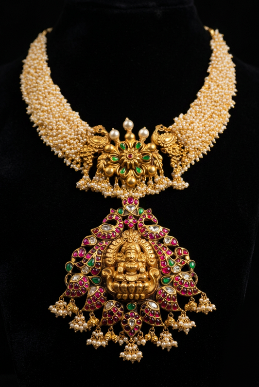 Antique Necklace temple jewelry guttapusalu Necklace lakshmi devi Necklace Diamond Jewelry Moissanite Necklace Bridal Jewelry-SHABURIS