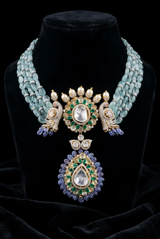 Russian emeralds tanzanites green onyx polki swarovski south sea pearls rubies necklace made with 92.5 silver and 22ct gold plated -SHABURIS