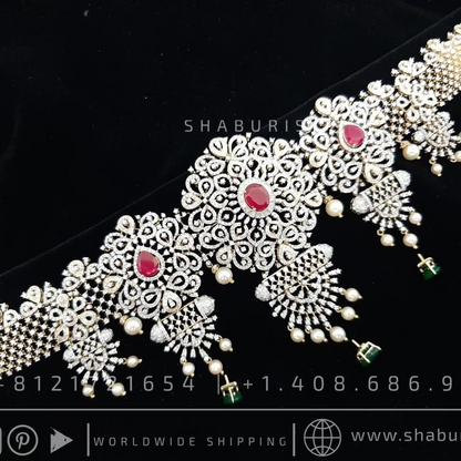 Diamond vaddanam Gold Plated jewelry Indian ,925 silver jewelry,lyte weight Indian Bridal,Indian Wedding Jewelry-SHABURIS