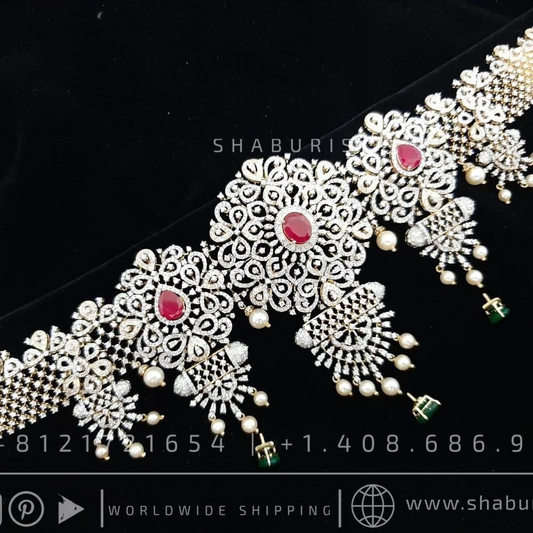 Diamond vaddanam Gold Plated jewelry Indian ,925 silver jewelry,lyte weight Indian Bridal,Indian Wedding Jewelry-SHABURIS