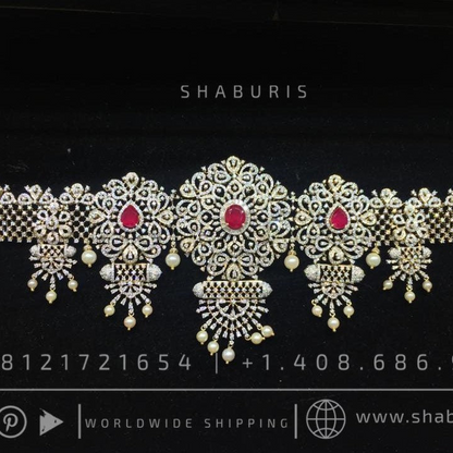 Diamond vaddanam Gold Plated jewelry Indian ,925 silver jewelry,lyte weight Indian Bridal,Indian Wedding Jewelry-SHABURIS