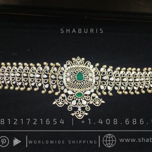 Diamond vaddanam Gold Plated jewelry Indian ,925 silver jewelry,lyte weight Indian Bridal,Indian Wedding Jewelry-SHABURIS