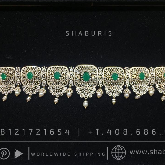 Diamond vaddanam Gold Plated jewelry Indian ,925 silver jewelry,lyte weight Indian Bridal,Indian Wedding Jewelry-SHABURIS