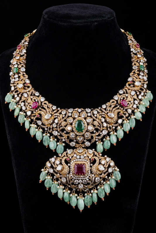 Victorian Necklace Swarovski Diamond Pendant Emerald Gem Stone Silver Jewelry Statement Jewelry Indian Jewelry Designs - SHABURIS