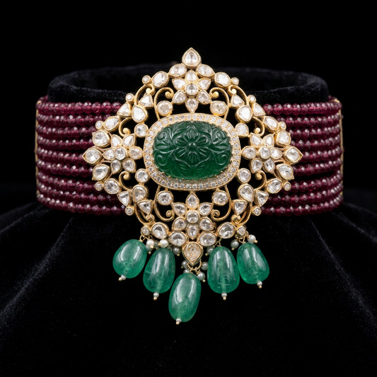 Diamond polki Necklace Swarovski Diamond Pendant Emerald Gem Stone Silver Jewelry Statement Jewelry Indian Jewelry Designs - SHABURIS