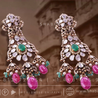 Victorian earrings,polki stud,polki diamond jewelry in silver,big studs,indian jewelry,statement jewelry-SHABURIS