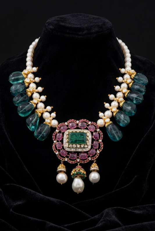 Zambian Emerald uncut diamonds pearls rubies diamond necklace silver jewelry 925 silver jewelry statement jewelry bridal jewelry - SHABURIS