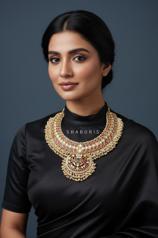 Kundan Necklace silver jewelry indian wedding jewelry indian bridal jewelry south indian wedding necklace gem stones beads - SHABURIS
