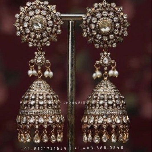 Victorian earrings,polki stud,polki diamond jewelry in silver,big studs,indian jewelry,statement jewelry-SHABURIS