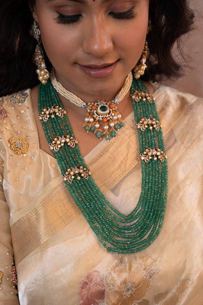 Emerald Beads necklace Navaratan jewelry silver necklace 925 silver with 22k gold plated - SHABURIS (Ready to Ship from India)