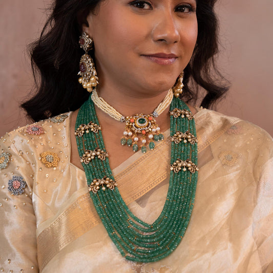 Emerald Beads necklace Navaratan jewelry silver necklace 925 silver with 22k gold plated - SHABURIS (Ready to Ship from India)