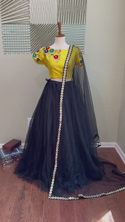 Designer Lehenga | Mehendi & Haldi Lehenga Choli | yellow black Lehenga Set | Indian Wedding Guest Outfit | Pre Wedding Ceremony Dress