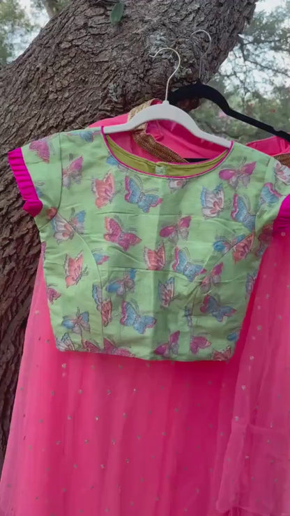 Crop Top | Designer Lehenga | Mehendi & Haldi Lehenga Choli | green pink Lehenga Set | Indian Wedding Guest Outfit | Pre Wedding Ceremony Dress