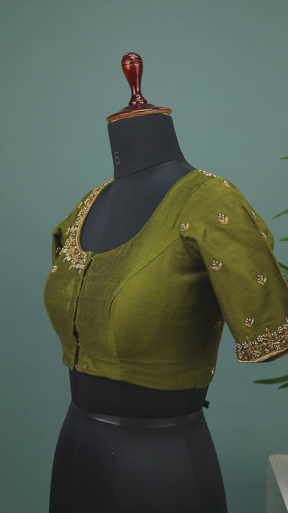 Maggam work Blouse for Saree – Olive Green Blouse- Artisan Silk Blouse – Festive & Wedding Ethnic Wear