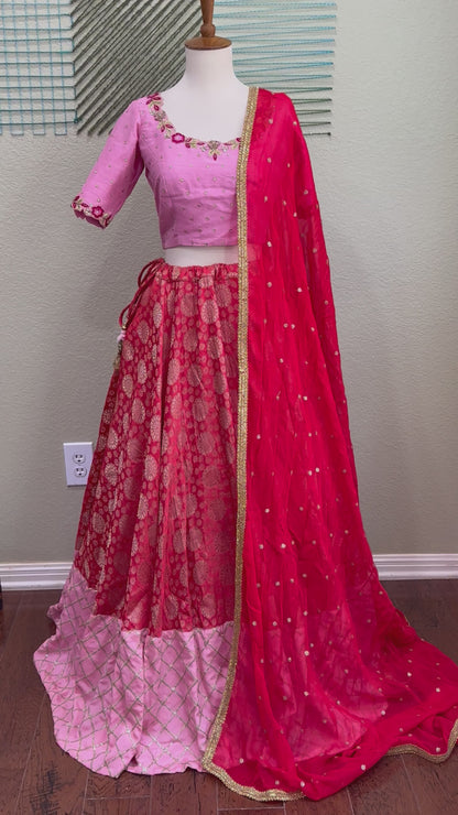 Banarasi Pattu Lehenga | Mehendi & Haldi Lehenga Choli | Red & pink Lehenga Set | Indian Wedding Guest Outfit | Pre Wedding Ceremony Dress