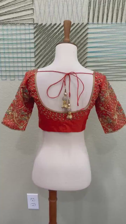 Maggam work Blouse for Saree – orange Blue Blouse- Artisan Silk Blouse – Festive & Wedding Ethnic Wear