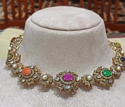 Navaratan necklace diamond necklace 925 silver jewelry 22k gold plated - SHABURIS