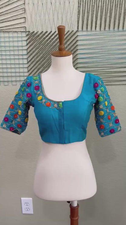 Maggam work Blouse for Saree – Blue Blouse- Artisan Silk Blouse – Festive & Wedding Ethnic Wear