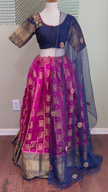 Kanchi pattu Lehenga | Mehendi & Haldi Lehenga Choli | pink Lehenga Set | Indian Wedding Guest Outfit | Pre Wedding Ceremony Dress