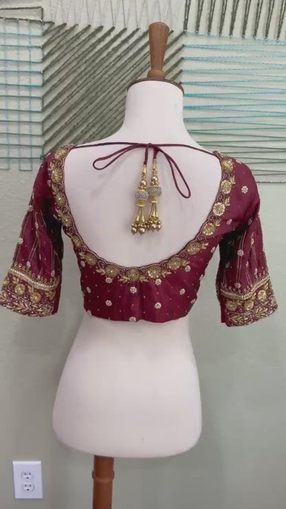 Maggam work Blouse for Saree – Maroon Blouse- Artisan Silk Blouse – Festive & Wedding Ethnic Wear