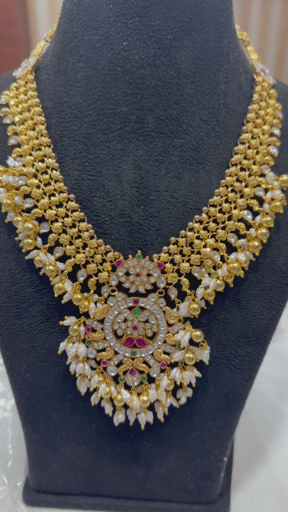 Guttapusalu necklace bridal necklace polki necklace diamond Jewelry necklace Pearl necklace statement jewelry silver necklace 925 silver with 22k gold plated - SHABURIS