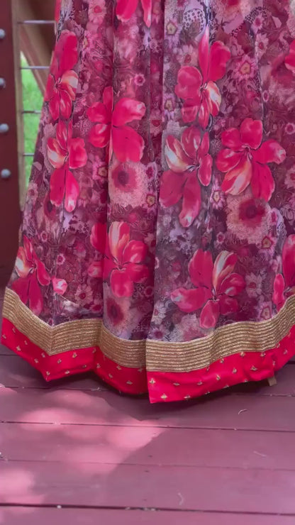 Crop Top | Designer Lehenga | Mehendi & Haldi Lehenga Choli | Red Floral Printed Lehenga Set |Indian Wedding Guest Outfit | Pre Wedding Ceremony Dress