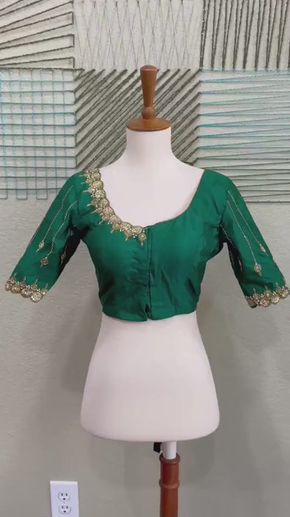 Maggam work Blouse for Saree – Green Blouse- Artisan Silk Blouse – Festive & Wedding Ethnic Wear