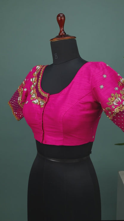 Maggam work Blouse for Saree – Pink Blouse- Artisan Silk Blouse – Festive & Wedding Ethnic Wear
