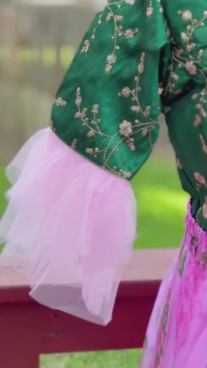 Crop Top | Designer Lehenga | Mehendi & Haldi Lehenga Choli | green pink Lehenga Set | Indian Wedding Guest Outfit | Pre Wedding Ceremony Dress
