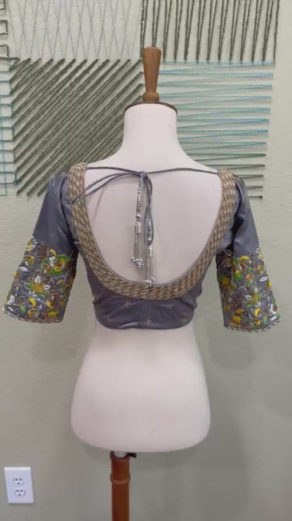 Maggam work Blouse for Saree – Gray Blouse- Artisan Silk Blouse – Festive & Wedding Ethnic Wear