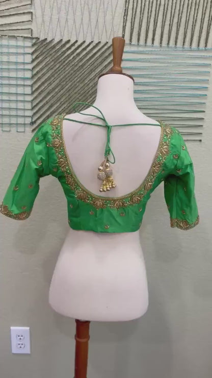 Maggam work Blouse for Saree – Green Blouse- Artisan Silk Blouse – Festive & Wedding Ethnic Wear