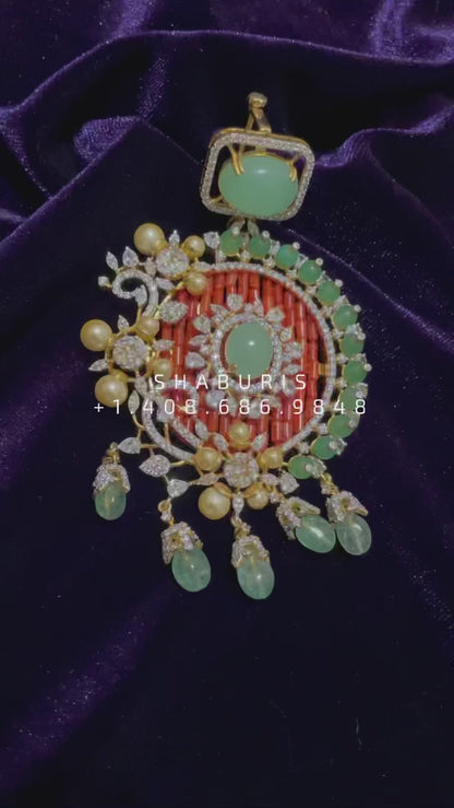 Diamond Jewelry,Pure Silver Jewellery Indian ,coral pendant,Indian jewelry,Indian Bridal,Indian Wedding Jewelry-NIHIRA-SHABURIS