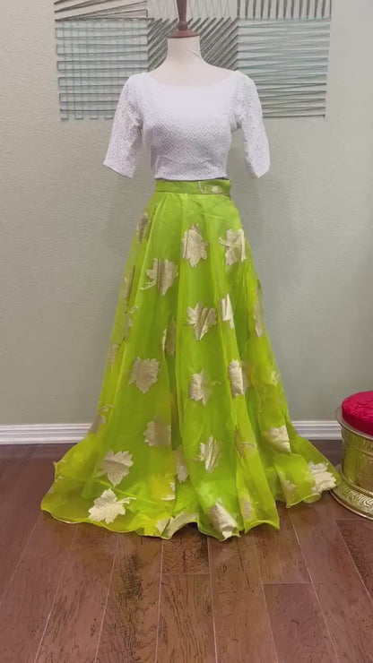 Crop Top | Designer Lehenga | Mehendi & Haldi Lehenga Choli | white green Lehenga Set | Indian Wedding Guest Outfit | Pre Wedding Ceremony Dress