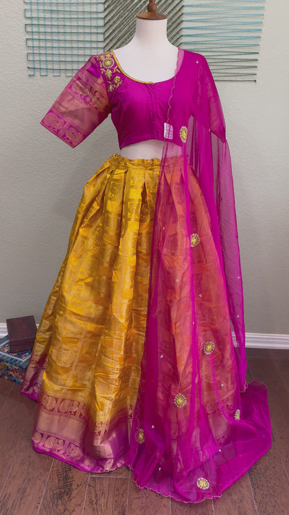 Kanchi pattu Lehenga | Mehendi & Haldi Lehenga Choli | yellow Lehenga Set | Indian Wedding Guest Outfit | Pre Wedding Ceremony Dress