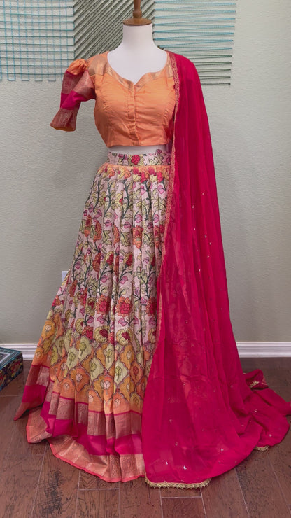 Kanchi kalamakari Lehenha | Kanchi Pattu Lehenga | Mehendi & Haldi Lehenga Choli | Red & pink Lehenga Set | Indian Wedding Guest Outfit | Pre Wedding Ceremony Dress