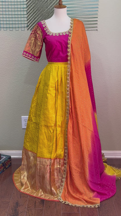 Kanchipuram Pattu Lehenga | Mehendi & Haldi Lehenga Choli | Yellow Green Floral Lehenga Set | Indian Wedding Guest Outfit | Pre Wedding Ceremony Dress
