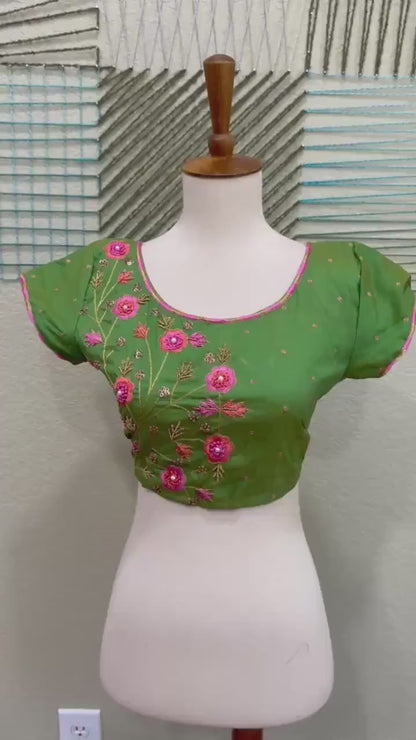 Maggam work Blouse for Saree – Green Blouse- Artisan Silk Blouse – Festive & Wedding Ethnic Wear