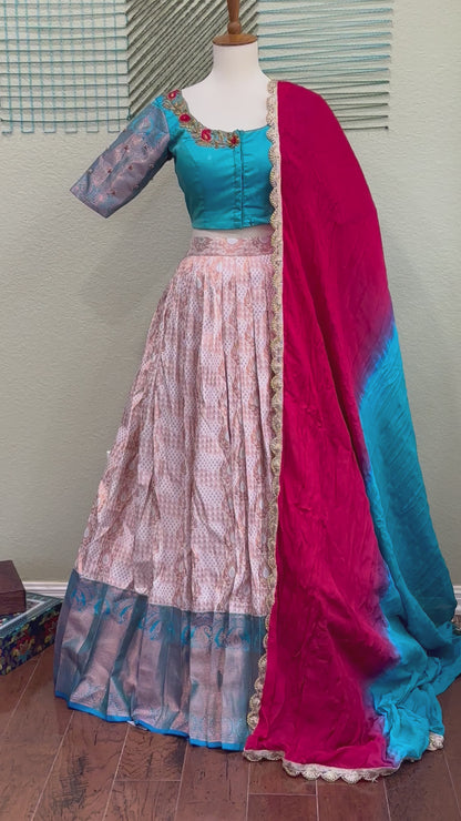 Kanchipuram Lehenga | Mehendi & Haldi Lehenga Choli | offwhite Lehenga Set | blue Lehenga Set | Indian Wedding Guest Outfit | Pre Wedding Ceremony Dress