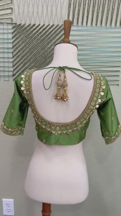 Maggam work Blouse for Saree – olive Green Blouse- Artisan Silk Blouse – Festive & Wedding Ethnic Wear